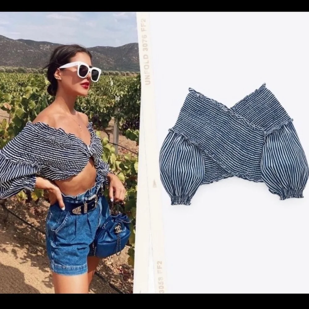 ZARA cropped top with elastic detail navy/white - Picture 3 of 7